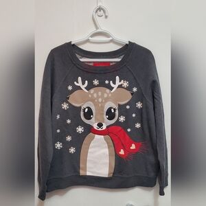 Cozy Charcoal Reindeer Graphic Crewneck Sweater with Red Scarf